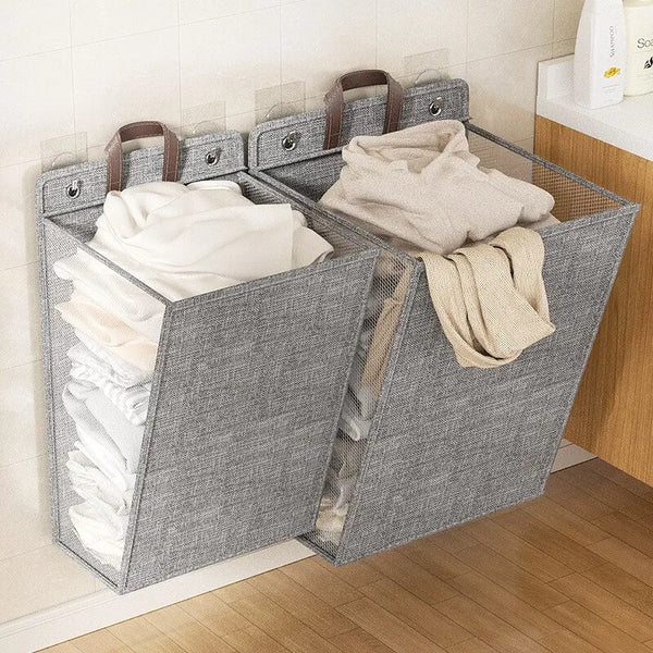 Foldable Adhesive Laundry Basket with Mesh Organizer